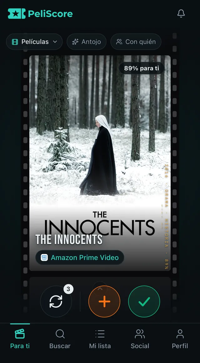 La recomendación del día en PeliScore, con su afinidad y la plataforma donde verla